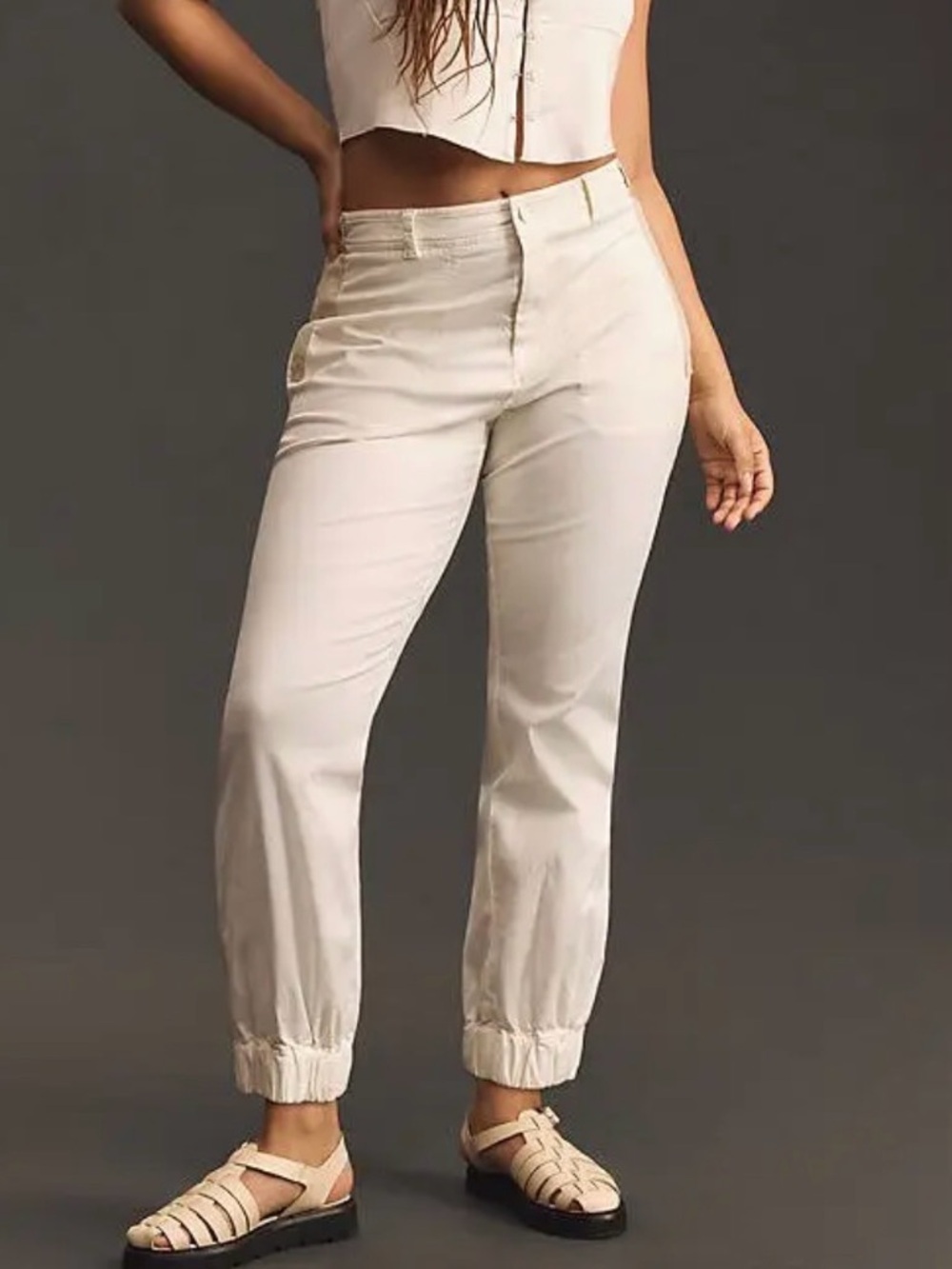 Cream Elastic-Cuff Casual Jogger Pants
